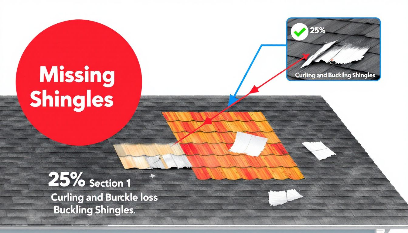 Signs that indicate a roof may need replacement, such as missing shingles.